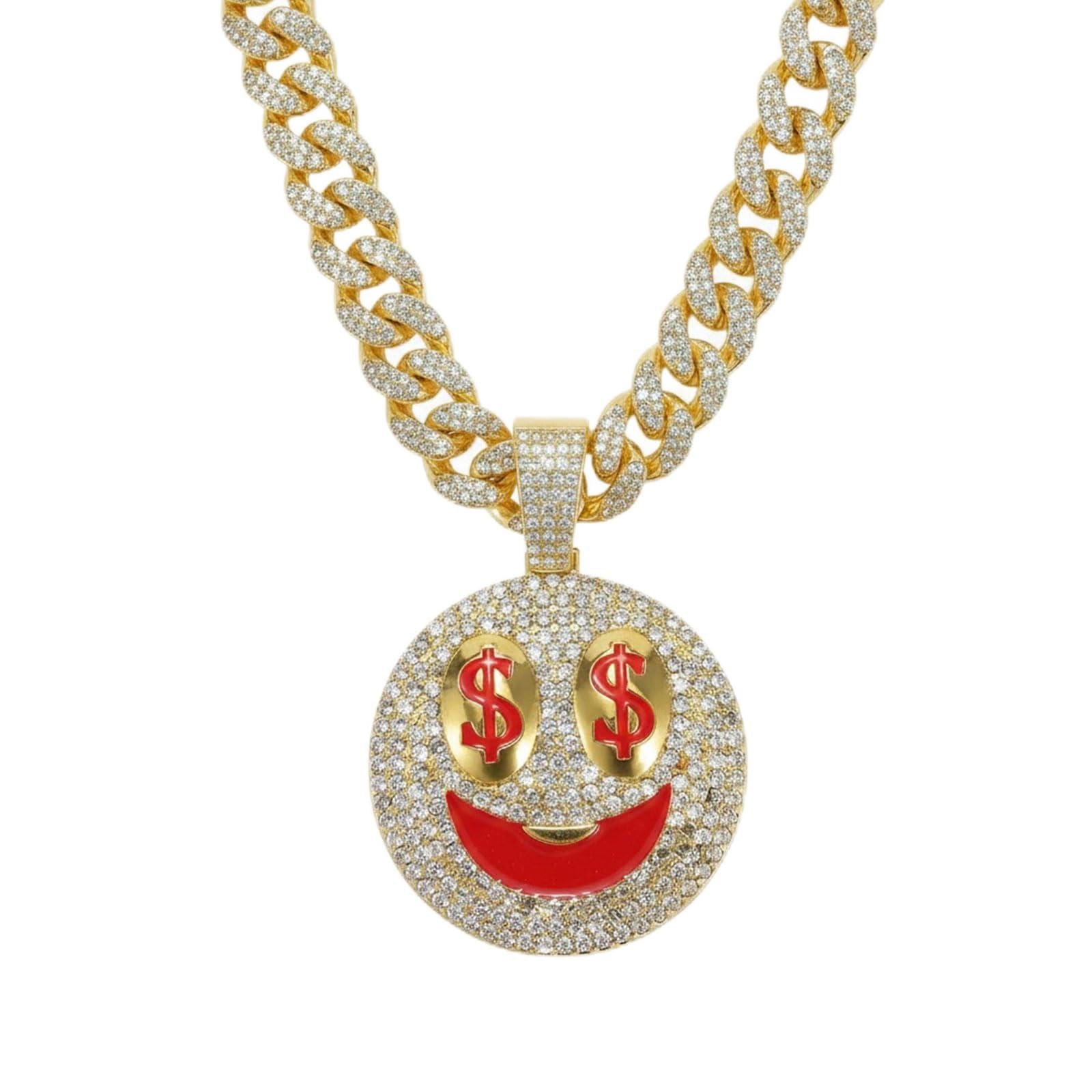 Iced Out Miami Cuban Link Chain with Emoji Pendant | Hip Hop Bling Necklace for Men & Women | Gold/Silver Plated with Full Rhinestones | Rapper Style Jewelry for Party