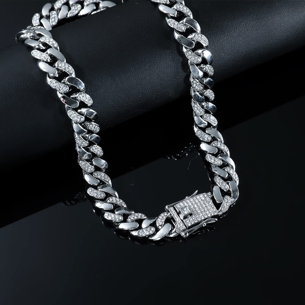 JUNVirtuous Cuban Link Chain Mens Iced Out Miami Cuban Necklace Silver/Gold Bling Diamond Hip Hop Jewelry for Women